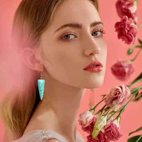 18K Yellow Gold with Natural Blue Turquoise Stone French Wire Drop Hook Earrings - Picture 5 of 6